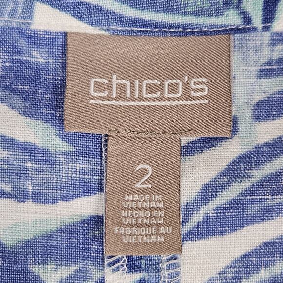 Chicos 2 Linen Open Blazer Jacket Roll Tab Sleeve White Blue Tropical Womens L - Picture 6 of 12